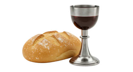 Chalice with wine, bread, and light reflection, isolated on white background, Eucharist.