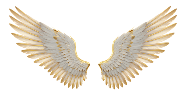 Angel wings, detailed 3D illustration, isolated on white, spiritual and religious symbol.