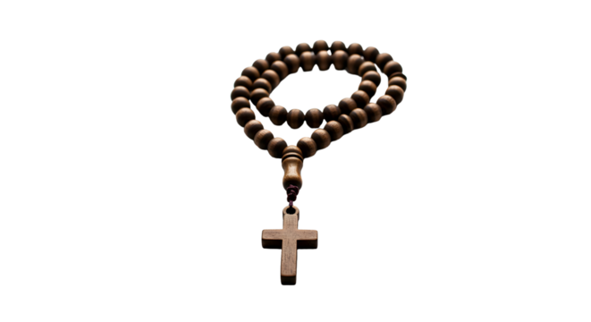 Rosary beads with cross, close-up, high quality photo, white background, religious and spiritual symbol, minimalistic style.