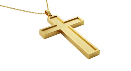 Golden cross on a white background, realistic 3D rendering, high resolution, minimalistic design, religious symbol, isolated on white.