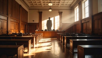 Empty Courtroom with Looming Shadow, Symbol of Justice and Power