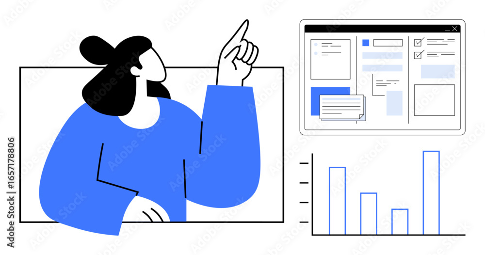 Aufkleber woman pointing to a displayed dashboard featuring graphs, charts, and data insights. ideal for analy