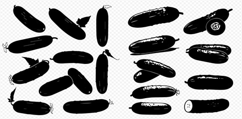 A collection of black silhouette illustrations of whole and sliced cucumbers with leaves, isolated on a transparent background.