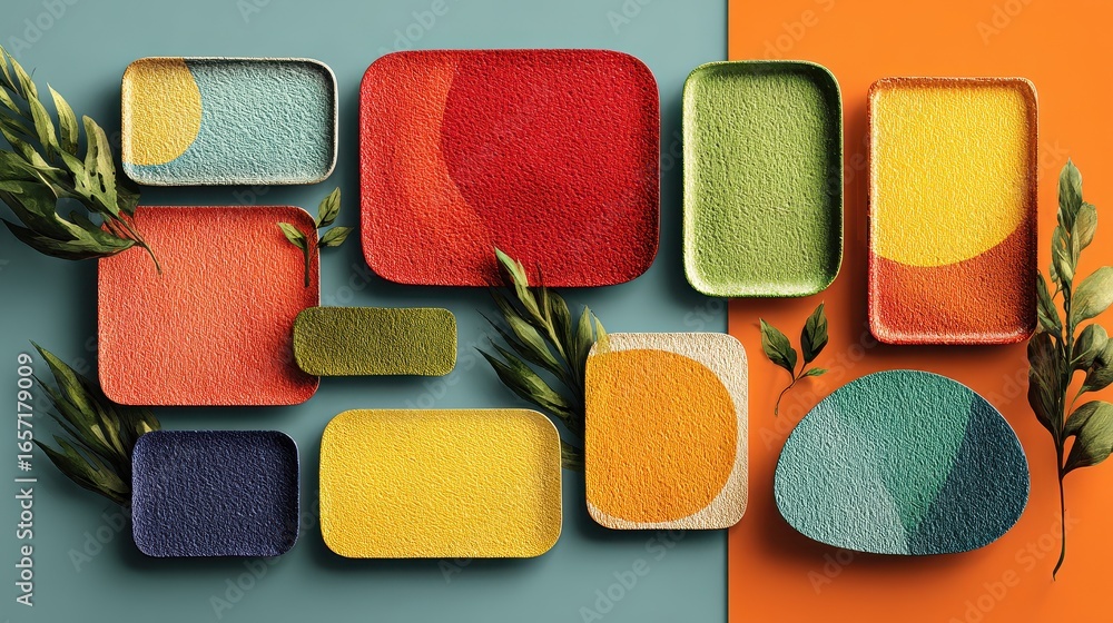 Poster colorful horizontal lines compose blocks arranged in a rectangular layout on white