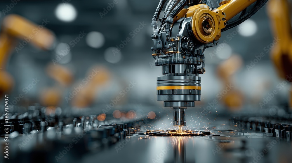 Poster robotic arm performing a precision welding operation on an assembly line