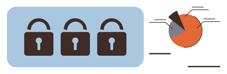 Three brown padlocks symbolize secure access alongside an orange pie chart with sections for data insights. Ideal for cybersecurity, data protection, analytics, transparency, access control, privacy