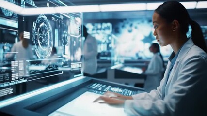 futuristic laboratory interior with glowing holographic screens and scientists working in clean suits - Powered by Adobe