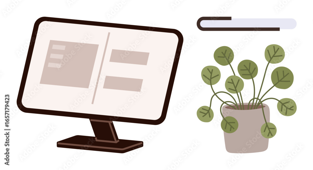 Aufkleber computer screen displaying a user interface, loading bar symbolizing progress, potted plant for natu