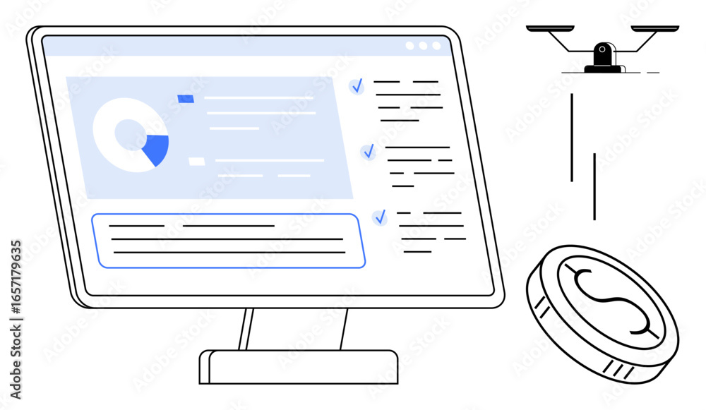 Poster computer screen with analytics, checklist, money coin, and scale. ideal for data analysis, finance, 