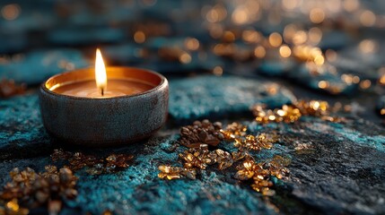 Orange candle burns softly on a textured stone near the ocean at sunset providing gentle light