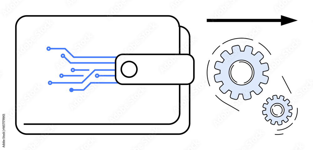 Poster digital wallet with circuit design connected to rotating gears and arrow. ideal for concepts thumbs 
