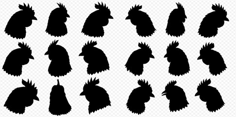 A collection of black rooster head silhouettes arranged in rows with one hidden bell pepper shape among them.
