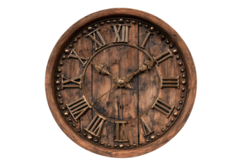 Round wooden clock with Roman numerals
