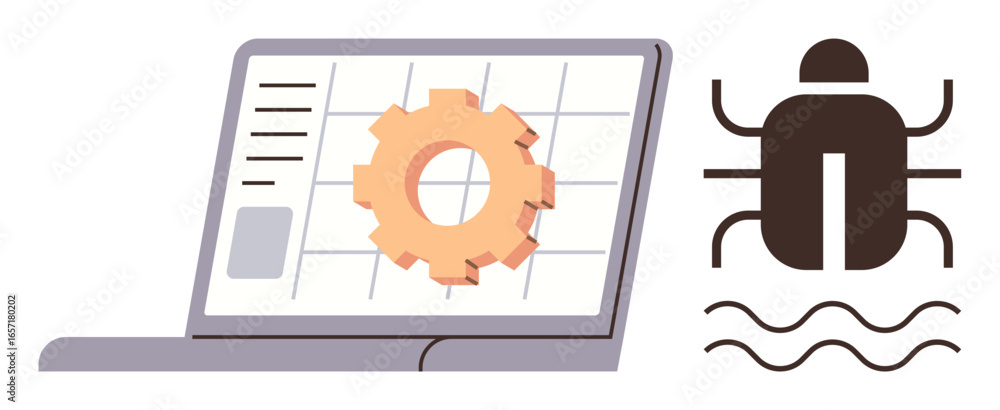 Poster computer screen with gear symbol on data grid and bug figure. ideal for tech design, programming, qu