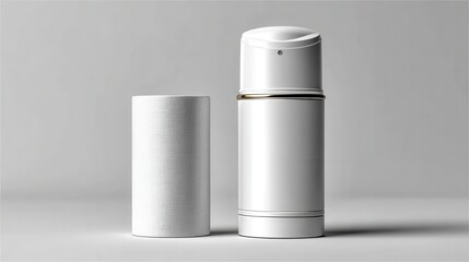 Minimalist zen product presentation showing a white bottle with smooth stones and green leaves on a textured grey surface