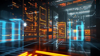 Futuristic illustration bitcoin technology in high tech server room with neon lights and digital data for cutting edge innovation blockchain infrastructure concept