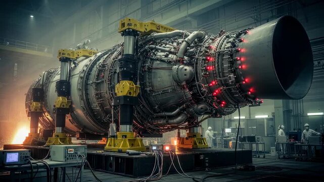 Industrial scale ballistic missile propulsion system undergoing vibration and stress tests to ensure durability.