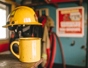 Yellow mug on a wooden surface in a fire station