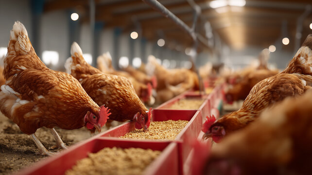 Laying hens feeding from long red troughs inside a ventilated barn with soft light, illustrating managed nutrition, animal welfare, and efficient egg production systems