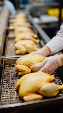 Whole chickens being positioned on stainless trays along an automated processing line by gloved workers inside a modern poultry plant, representing strict food safety compliance, controlled hygiene