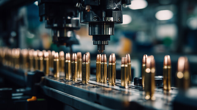Ammunition cartridges aligned beneath a high speed machining head on a factory line. The perspective illustrates engineered precision, regulated processes