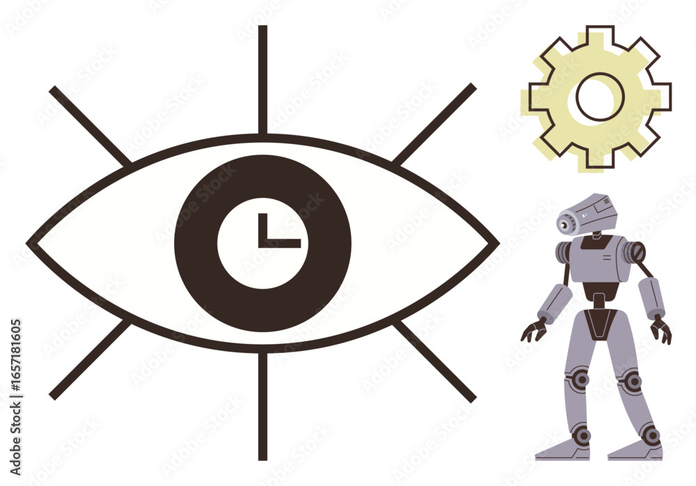 Poster eye with clock center signifying time and vision, gear representing machinery and innovation, robot 