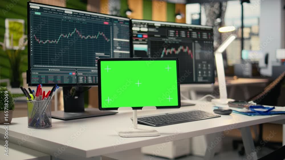 Poster trading software in prop firm office with graphs on isolated screen tablet. mockup device on desk us
