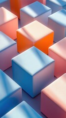 Fototapeta premium A grid of pastel-colored cubes, bathed in sunlight, features a vibrant orange cube as a focal point. The cubes exhibit a glossy, three-dimensional texture