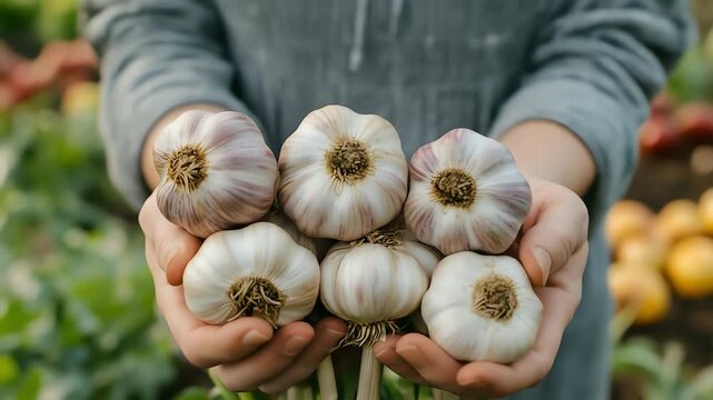 Hands holding freshly harvested garlic bulbs in a garden