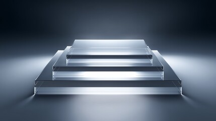 floating clear acrylic sheets with glowing device silhouette in foggy background