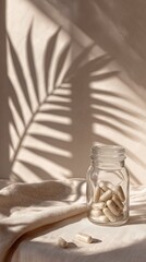 Fototapeta premium minimal scene with frosted glass jar and palm leaf shadow overlay