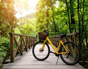 Fototapeta premium Yellow bike on a wooden bridge in a lush forest