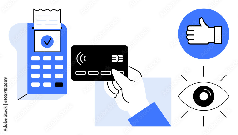 Poster person using contactless card on payment terminal with approved receipt. accompanied by thumbs-up an