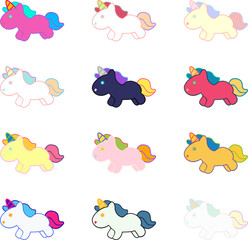 Colorful Cute Unicorn Plush Toy Icon Set (12 Variations)