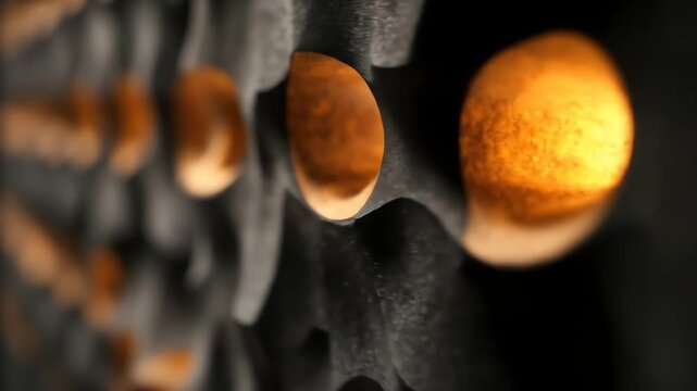 Macro view of glowing orange spheres embedded in a textured dark surface