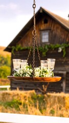 Rustic wooden tray with glasses and flowers hanging