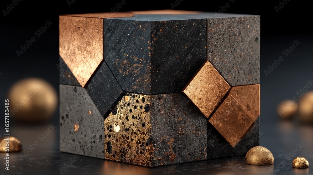 Poster conceptual design features a fractured cube with exposed golden glitter, resting on a dark surface