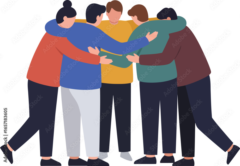 Poster group of diverse friends hugging showing support and unity in casual clothing vector illustration