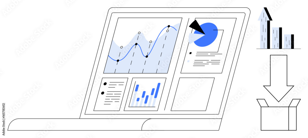 Poster laptop screen showcasing line graphs, pie chart, bar graph, and data panels. arrow pointing to open 
