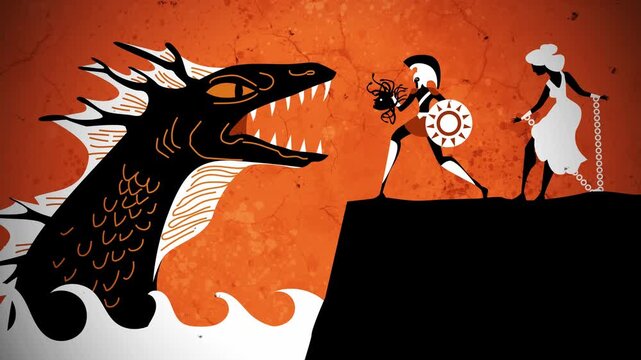 cetus monster, perseus with medusa head and andromeda chained