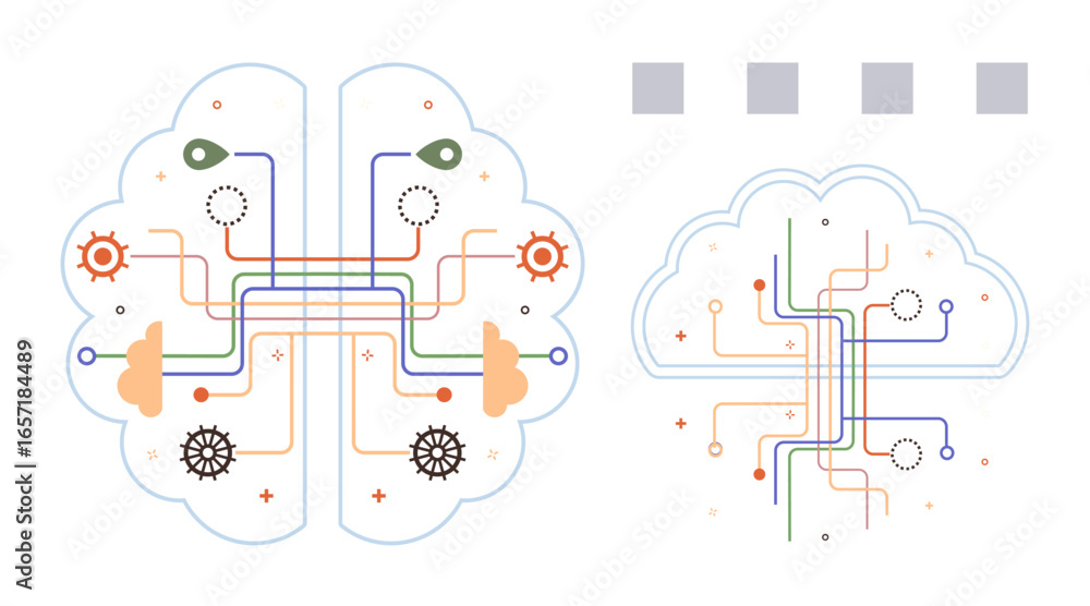 Poster brain with interconnected lines, gears, and circuits symbolizing ai, neural networks, innovation, da