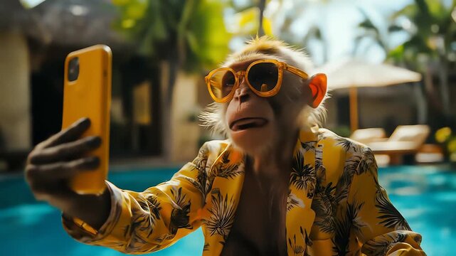 Monkey taking a selfie by the pool in a tropical shirt and sunglasses
