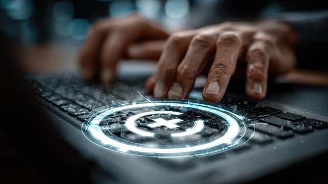 Hands type on keyboard with glowing health symbol for insurance or healthcare system
