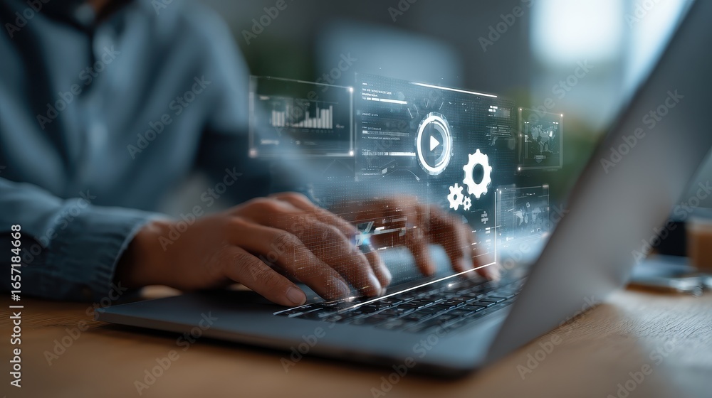 Poster person typing on laptop displaying interactive graphic user interface