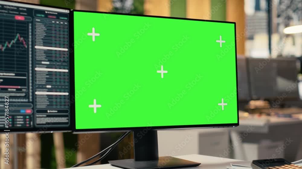 Poster stock market metrics visualization displayed on green screen pc in proprietary firm office. desktop 
