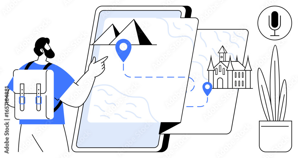 Poster man with backpack pointing to a tablet screen showing a digital map with route markers, landmarks th