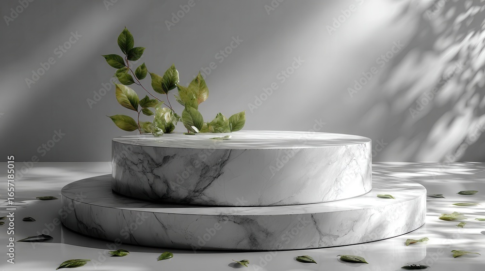 Aufkleber marble pedestal with branch and green leaves in studio setting under natural light and tree shadow p