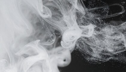 Abstract, ethereal image showcasing swirling, light gray liquid formations against a dark background, punctuated by fine specks of light.
