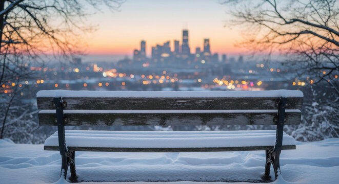Snow Covered Park Bench Overlooking Distant City Skyline at Dusk