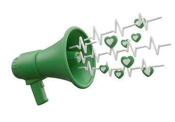 Green megaphone announces heartbeat and health messages with scattered green hearts and ECG lines